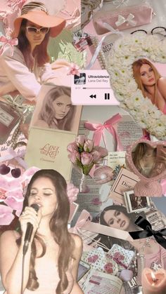 a collage of photos and images with pink flowers on them, including a woman singing into a microphone