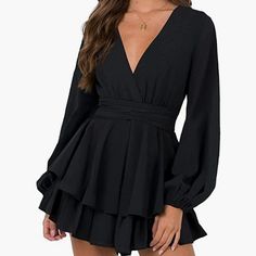 Brand New Very Cute V-Neck Long Baggy Sleeves Tie Waist Double Hem Ruffle Mini Shirt Wrap Dress. Color: Black Size: X- Large (See Last Pic For Measurements) Short Wrap Dress, Plunging V Neck Dress, Wrap Dress Short, High Waist Dress, A Line Mini Skirt, Mini Short, Short Mini Dress, Flowy Dress, Tie Dress