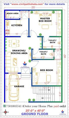 the floor plan for a house in india with 3 bedroom and 2 bath rooms on each side