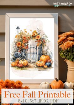 an autumn scene with pumpkins and flowers in front of a gate, watercolor on paper