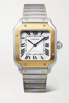 As a brand known for its inimitable attention to detail, its unsurprising that Cartier crafts its 'Santos de Cartier' watch to be precisely weighted for a perfect fit on the wrist. Named after the Brazilian aviator Alberto Santos Dumont whom it was originally designed for, it's powered by Swiss-made calibre 1847 MC automatic movement and has a silvered opaline dial set with elongated Roman numerals and sword-shaped hands. The 'SmartLink' steel and 18-karat gold bracelet is adjustable and can be Cartier Santos Watch Woman, Santos Cartier, Cartier Santos Watch, Womens Designer Watches, Swiss Luxury, Cartier Santos, Cartier Tank, Cartier Watch, Luxury Timepieces