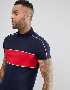 Polo con panel en contraste y ribete en azul marino de ASOS Polo Shirt Brands, Polo Shirt Style, Mens Polo T Shirts, Polo Shirt Design, Polo Design, Tee Shirt Fashion, Mens Fashion Wear, Sweet Shirt, Printed Polo Shirts