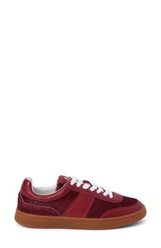 Mixed textures and a padded collar create a retro aesthetic on a low-profile sneaker grounded by a classic cupsole. 1" heel Lace-up style Leather or genuine calf-hair upper/leather lining/synthetic sole Imported Burgundy Low-top Sneakers With Rubber Sole, Burgundy Sneakers With Contrast Sole And Round Toe, Classic Burgundy Sneakers With Round Toe, Classic Burgundy Round Toe Sneakers, Burgundy Leather Low-top Sneakers, Casual Custom Sneakers In Burgundy With Round Toe, Casual Custom Sneakers Burgundy With Round Toe, Casual Burgundy Sneakers With Contrast Sole, Red Fits