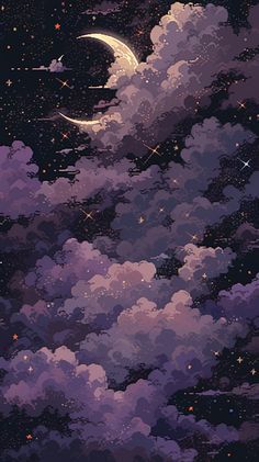 the night sky with stars and clouds is filled with purple hues, as well as a crescent