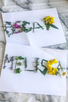 two pieces of paper with flowers on them and the word love spelled out in small letters