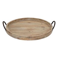 an oval wooden tray with black handles