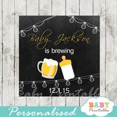 baby shower is brewing personalized sign with two mugs and a bottle on it