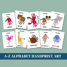 the alphabet handprint art is shown with different animals and letters on it's sides