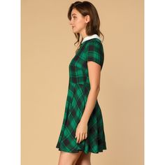 This dress is the perfect way to dress for every occasion! Featuring a Peter Pan-inspired contrast collar, a plaid print graphic, and short puff sleeves. A contrast doll collar adds sweet cuteness to this plaid dress. A contrasting Peter Pan collar adds a touch of classic preppy style to this plaid dress. This preppy style with normal sleeves is the perfect look for every occasion! Soft fabric ensures all-day comfort. It's the perfect choice for weekends, vacations, and everyday wear. Add a litt Cute Casual Dresses, Dresses Green, A Line Dresses, Contrast Collar, Pan Collar, Plaid Dress, Peter Pan Collar, Favorite Dress, Womens Plaid