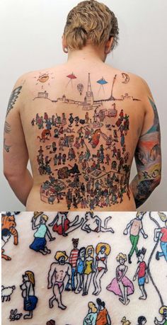 the back of a man's body with tattoos on it and people all over