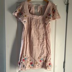 Nwot Linen Sundress With Embroidered Flowers And Bees. Very Pale Pink/Beige Color. Excellent Condition, Size S. Feminine Summer Floral Print Embroidered Dress, Summer Feminine Embroidered Mini Dress, Feminine Embroidered Mini Dress For Summer, Embroidered Cotton Dress For Day Out, Pink Embroidered Summer Dress With Short Sleeves, Pink Embroidered Short Sleeve Summer Dress, Feminine Floral Embroidered Summer Dress, Summer Embroidered Dresses With Square Neck, Embroidered Summer Dress For Day Out