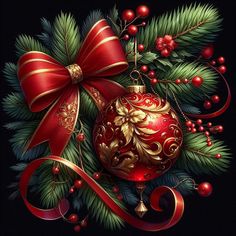 a christmas ornament with red bows and holly leaves on a black background,