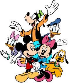 several cartoon characters are grouped together in a circle with goofy, mickey and pluto on their heads