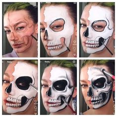 How To Paint Skull On Face, Makijaż Sugar Skull, Sugar Skull Face Paint, Skull Face Paint, Maquillage Yeux Cut Crease, Painting Halloween, Creepy Halloween Makeup, Cute Halloween Makeup, Halloween Makeup Diy