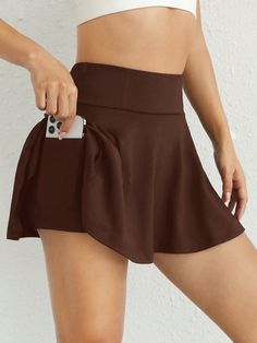 Solid Color Side Pocket Athletic Skort, Daily Casual Wear Mocha Brown Casual   Knitted Fabric Plain Flared Slight Stretch  Women Clothing, size features are:Bust: ,Length: ,Sleeve Length: Casual Skirt Short, Athletic Skirt Outfit, Halloween Corset, Athletic Skort, Overlay Skirt, Layered Tulle Skirt, Athletic Skirt, Sheer Skirt, Ruched Skirt