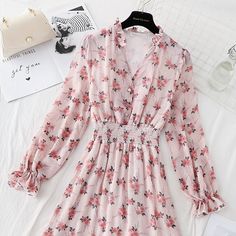 Fabric: Chiffon Size: S M L XL Color: pink, black, apricot, blue Chiffon Skirt, Chiffon Dress, Pink Black, Apricot, Floral Dress, Elastic Waist, Chiffon, Long Sleeve Dress, V Neck