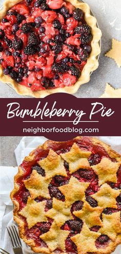 a pie with berries on top and the words bumbleberry pie above it in two different pictures