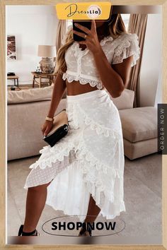 Solid V-neck Ruffle Lace High-low Dress Set P15341 V-neck Summer Dress With Layered Hem, V-neck Dress With Layered Hem For Summer, Summer V-neck Dress With Layered Hem, White V-neck Dress With Ruffled Skirt, Beach Skirt Outfit, Lace Suits, Skirts Outfits Summer, Cute Two Piece Outfits, Beach Skirts