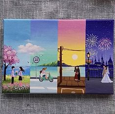 four different pictures of people and fireworks on the same piece of art that is hanging on a wall