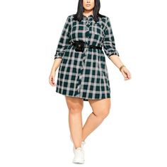 City Chic Checked Dress In Green Size 22/X-Large. Plaid Shirt Dress, Checked Dress, Gown Blue, City Chic Dresses, Plus Size Gowns, Plaid Dress Shirt, Check Dress, Chic Dresses, Chic Woman