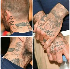 multiple pictures of tattoos on the neck and back of a man's head, both showing