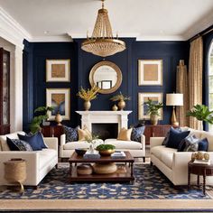 a living room filled with furniture and a fire place in front of a mirror on the wall