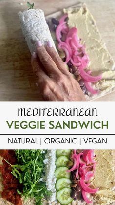 the cover of mediterranean veggie sandwich is shown in three different colors and sizes