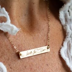 Shop this beautiful personalized handwriting necklace featuring your loved one's actual handwriting. This timeless memorial grief jewelry is a treasured gift of support. Custom Handwriting Jewelry, Commemorative Jewelry, Handwriting Necklace Custom, Bereavement Support, Custom Engraved Necklace, Engraved Handwriting, Remembrance Jewelry, Handwriting Necklace, Handwriting Jewelry