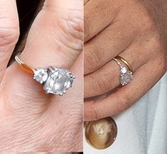 two different views of the same person's engagement ring, one with an oval shaped diamond