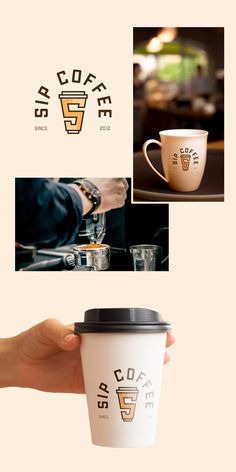 the coffee cup is being held up by someone's hand, and there are other images