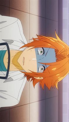 an anime character with orange hair and blue eyes looking at something in front of him