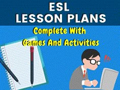 a man sitting in front of a laptop computer next to a notepad with the words esl lesson plans complete with games and activities