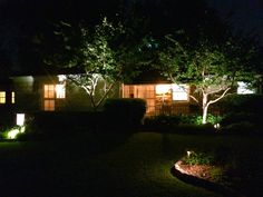 a house lit up at night with lights on the windows and bushes in front of it