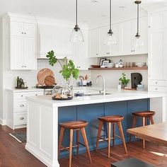 an image of a kitchen setting with stools in it and green frame around the photo