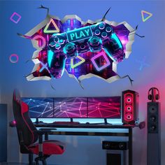 an image of a room that is decorated with neon colors and has the word play on it