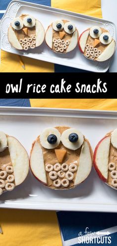 an owl rice cake snack with apples and blueberries in the shape of owls on top