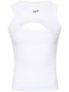 white cotton blend stretch-design fine ribbed embroidered logo to the front layered design cut-out detailing crew neck spaghetti straps sleeveless straight hem Layering Tank Tops, Wedding Guest Looks, City Dress, Layering Tanks, Layered Design, Demi Fine Jewelry, Ribbed Top, Ballet Flat Shoes, White Crop Top