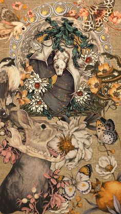 an image of a painting with flowers and animals