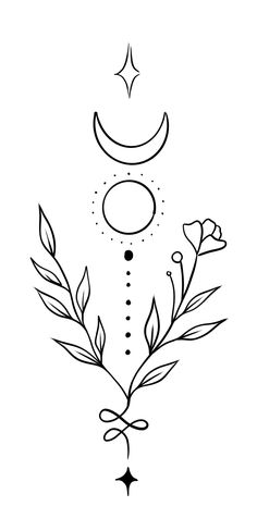 a black and white drawing of a flower with leaves on it's side, surrounded by stars