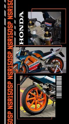 an orange and blue motorcycle is shown in three different pictures with the words honda written below it