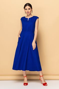 Casual A-line Midi Dress With Pleated Waist, Blue A-line Midi Dress With Pleated Waist, Solid Color Midi Dress With Side Pockets For Summer, Blue Sleeveless Midi Dress With Pleated Waist, Blue Midi Dress With Pleated Waist, Blue Workwear Maxi Dress With Pockets, Blue Midi Dress Solid Color, Blue Maxi Dress With Pockets For Work, Elegant Blue Maxi Dress With Pockets