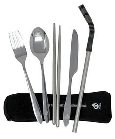 an assortment of utensils and spoons in a pouch on a white background