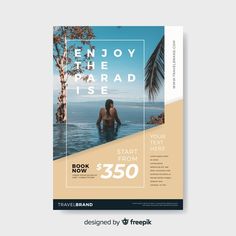 a travel flyer with a woman in the water