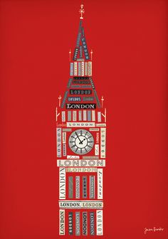 the big ben clock tower towering over london on a red background with white and black lettering