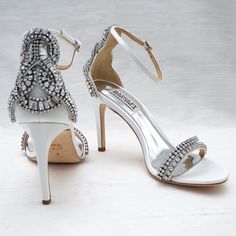 Nwt!! Designed By Badgley Mischka 3 1/2" Heel White Silk Satin, Rhinestones, Leather Soles Open Toe Adjustable Ankle Strap With Buckle White Embellished Sandals For Formal Occasions, Elegant Embellished White Sandals, Formal White Embellished Sandals, White Crystal Embellished Open Heel Heels, White Rhinestone Sandals For Formal Occasions, White Embellished Sandals For Gala, White Embellished Heels For Events, White Rhinestone Heels For Gala, Glamorous White Wedding Shoes For Gala