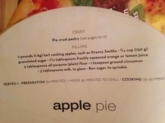 the menu for an apple pie restaurant