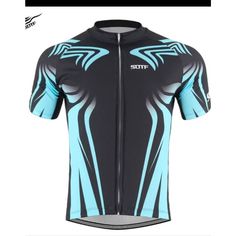 a black and blue cycling jersey with an abstract design on the chest, front and back