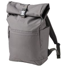 a gray backpack is shown on a white background