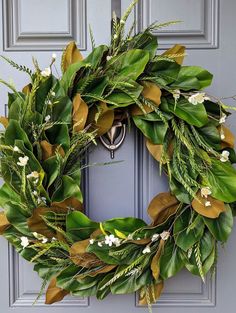 Front Door Magnolia Wreath Rustic Farmhouse Front Door, Cosmo Flowers, Fern Wreath, Flowers Lotus, Magnolia Decor, White Cosmo, Pink Ranunculus, Lotus Pods, Modern Rustic Farmhouse