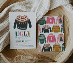 an ugly sweater party is on display next to a card